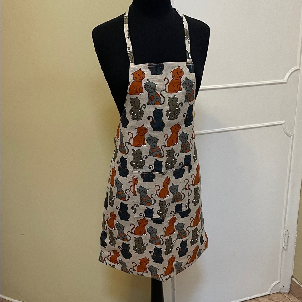 New 100% linen Cat Pattern Apron - Multicolor hand made in Europe